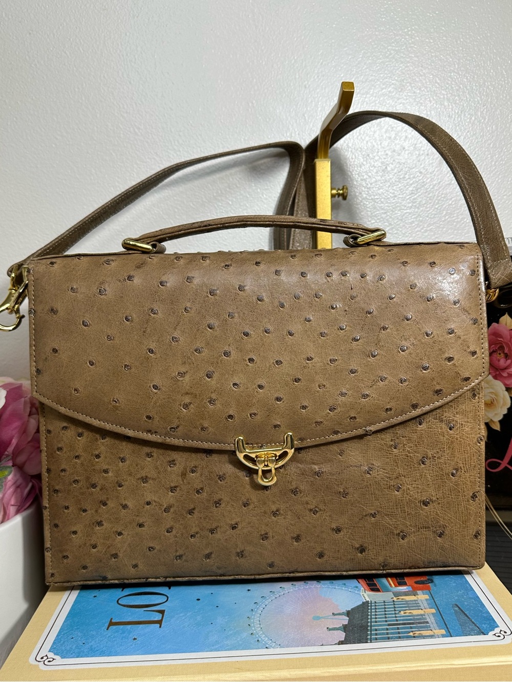 Genuine Ostrich leather Satchel with Gold Accent